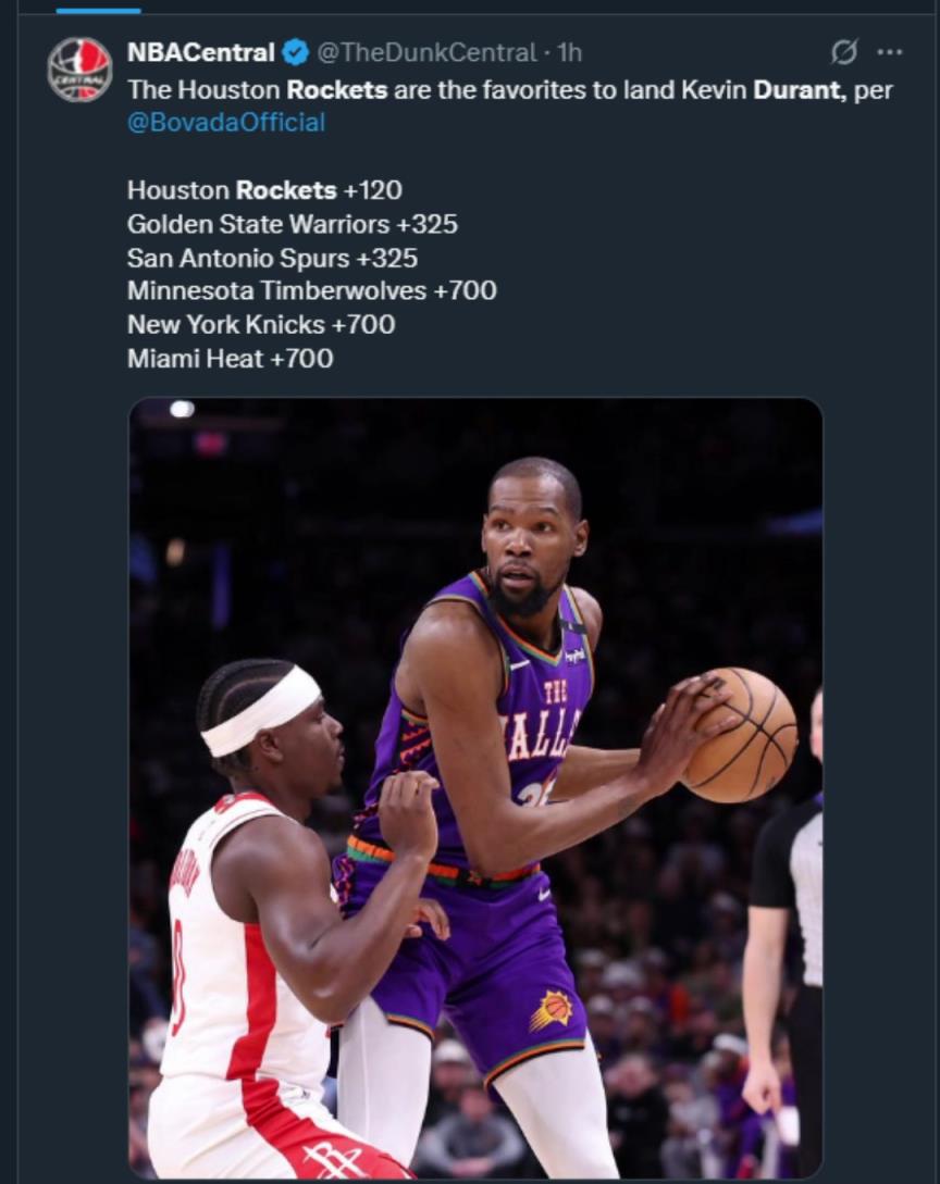難道說(shuō)？美媒曬杜蘭特下家賠率，火箭大幅度領(lǐng)跑！